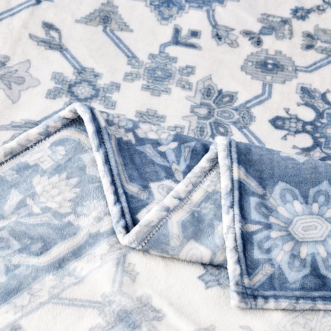 Garden Print Blanket Fleece Throw for Bed Sofa Travel and Camping, Super Soft Cozy Fluffy Plush Garden Print Blanket for All Seasons 50"x60" Navy Blue