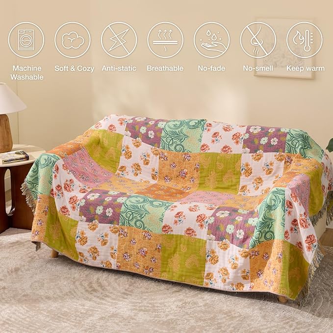 100% Cotton Boho Throw Blanket for Home Decor – Classic Farmhouse Quilt Bedding, Muslin Blankets for Adults, Vintage Woven Decorative Blanket for Couch, Bed Layering Use, Patchwork, 90"x90"