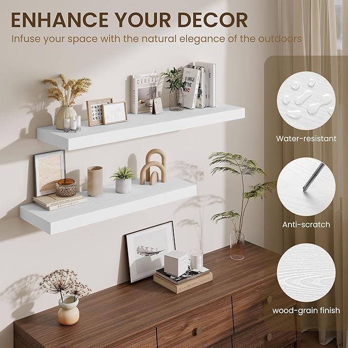 Fun Memories 24 Inch Floating Shelves Wall-Mounted, 12 Inch Deep Wall Shelves, 24 x 12 Floating Shelf, Deep Storage Shelf for Living Room Bathroom Bedroom, White, Set of 2