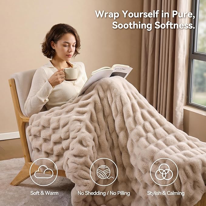 Smoofy Linen Throw Blanket for Couch – Ultra Soft Cozy Plush Fluffy Blanket with Faux Rabbit Fur, Fuzzy Lightweight Fleece for Sofa, Bed & Office, Gift for Women, Home Room Decor Throw 50"x 60"