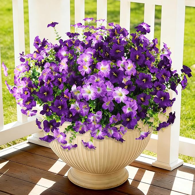 INQCMY Artificial Flowers for Outdoors Fake Plants Spring Decoration, 12 Bundles Faux Petunias UV Resistant Realistic Silk Flower for Outside Planters Patio Porch Yard Window Box (Double Purple)