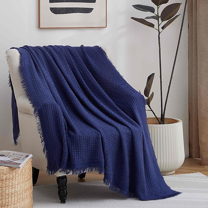 100% Acrylic Decorative Knitted Throw Blanket with Tassels for Bed, Couch, Small, Chairs, Lightweight, Soft, Cozy, Waffle Textured Blanket, Suitable for Spring, Summer, Navy, 50"x60"