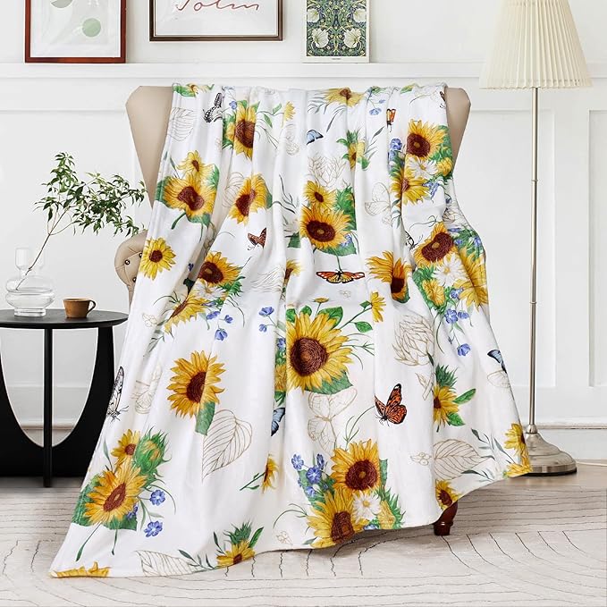 Sunflower Throw Blanket Ultra Soft Butterfly Floral Blanket Cozy Flannel Fleece Bed Blanket Lightweight Fuzzy Plush Flowers Couch Cover Sunflowers Gifts Throw Decor for Women Girls 50" X 60"