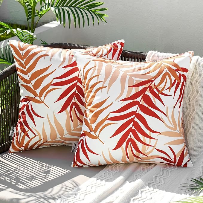 MIULEE Pack of 2 Decorative Outdoor Waterproof Throw Pillow Covers Patio Pillow Cases Natural Leaves Pattern Spring Square Cushion Shams Shell for Garden Balcony Couch 16x16 Inch, Orange