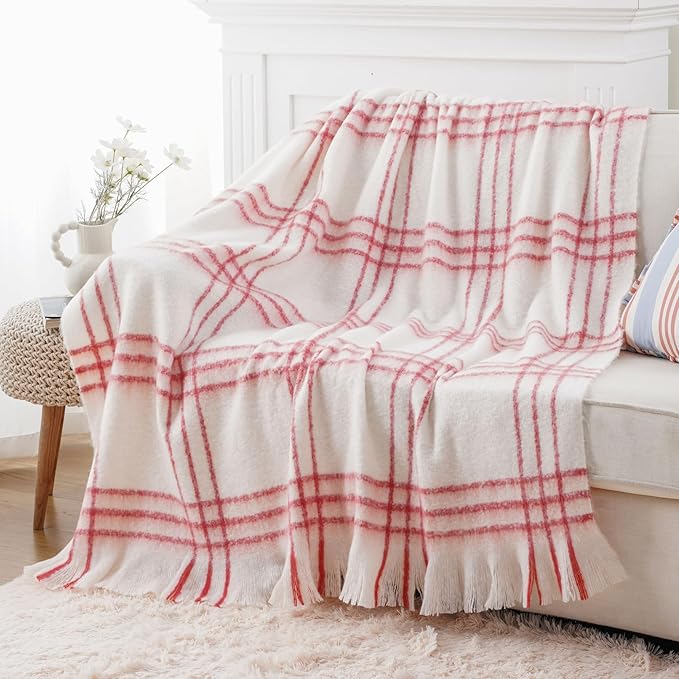 BATTILO Cream Plaid Throw Blanket for Couch Bed, Farmhouse Mohair Blankets Throws, Soft Cashmere Tartan Plaid Throws, Red Christmas Stripe Throw Blankets for Home Decor(50"x60")