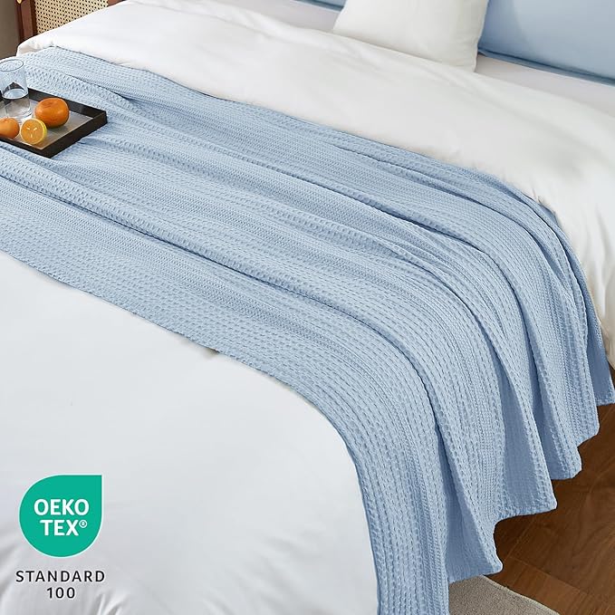 PHF Lightweight Waffle Weave Blanket Queen Size, Breathable & Ultra Soft, 90"x 90" Soft & Cozy Thin Blanket for All Season & Hot Sleepers, Bed, Home Decor - Sky Blue