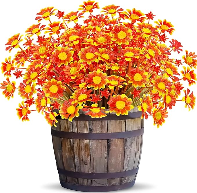 8 Bundles Artificial Daisy Flowers for Outdoors Spring Decor, UV Resistant Faux Cemetery Flowers Plastic Greenery Shrub Fake Flowers Plants Home Gardens Porch Planter Indoor Summer Fall Decor(Orange)
