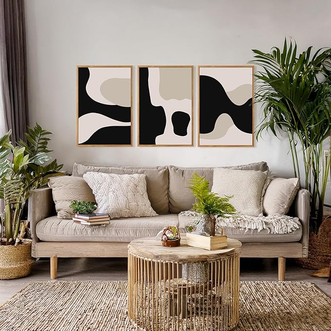 CHDITB Abstract Modern Framed Canvas Wall Art Set Of 3, Minimalist Wall Decor, Contemporary Artwork Prints, Neutral Black And Beige Abstract Line Paintings for Living Room Bedroom Decor (12X16 Inch)