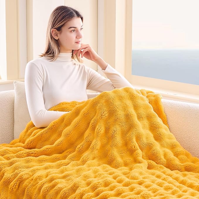 NEWCOSPLAY Throw Blanket for Couch Mustard Yellow Super Soft Flannel Fleece 3D Bubble Lightweight Bed Blanket All Season Use (Mustard Yellow, Throw(50"x60"))