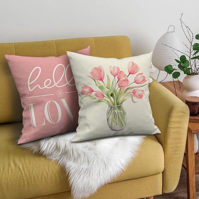 Pillow Covers 16x16 Inch Set of 4 Tulip Home Sweet Home Pink Throw Pillows Decorative Pillow Cases Hello Summer Spring Seasonal Farmhouse Decorations for Sofa Couch