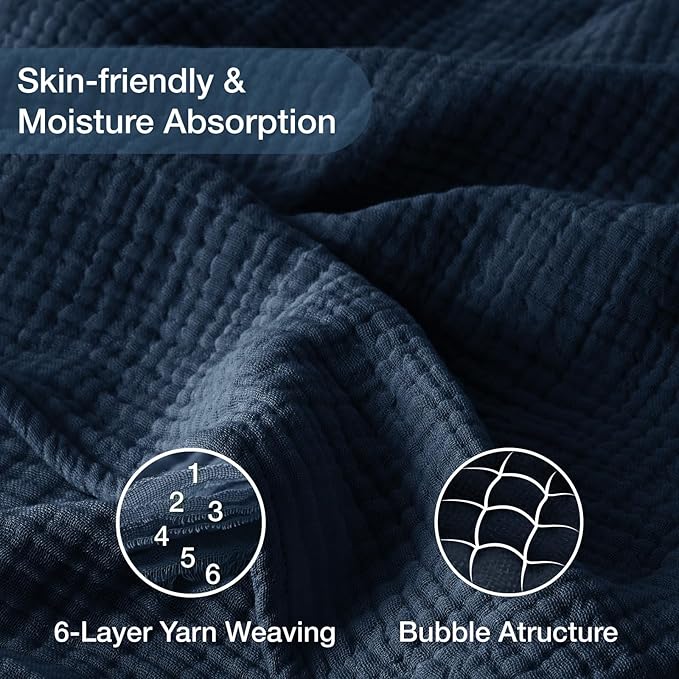 100% Cotton Muslin Blanket Twin 60" x 80", Breathable and Lightweight Cotton Twin Blankets for Couch, Soft Cooling Summer Gauze Blanket for Adults All Season, Navy Blue
