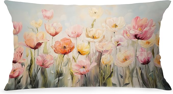 Spring Tulip Floral Lumbar Pillow Cover 12x20 Double-Sided, Cottagecore Room Home Decor, Farmhouse Easter Abstract Pink Flower Decorative Throw Pillow Cover for Living Room Home Bedroom