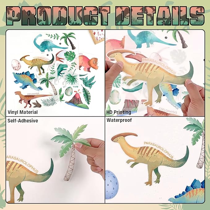 Dinosaur Wall Decals- Dino Palm Tree Wall Stickers Peel and Stick Wall Decor for Boys Room Bedroom Living Room Nursery Classroom Playroom Home