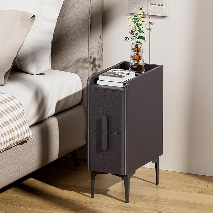 VICITON Narrow Nightstand with 2 Drawers, Narrow Side Table Leather Surface, Slim Bedside Table for Bedrooms, Dormitories, Living Rooms (Dark Gray, 15.7" D x 7.8" W x 22.4" H)