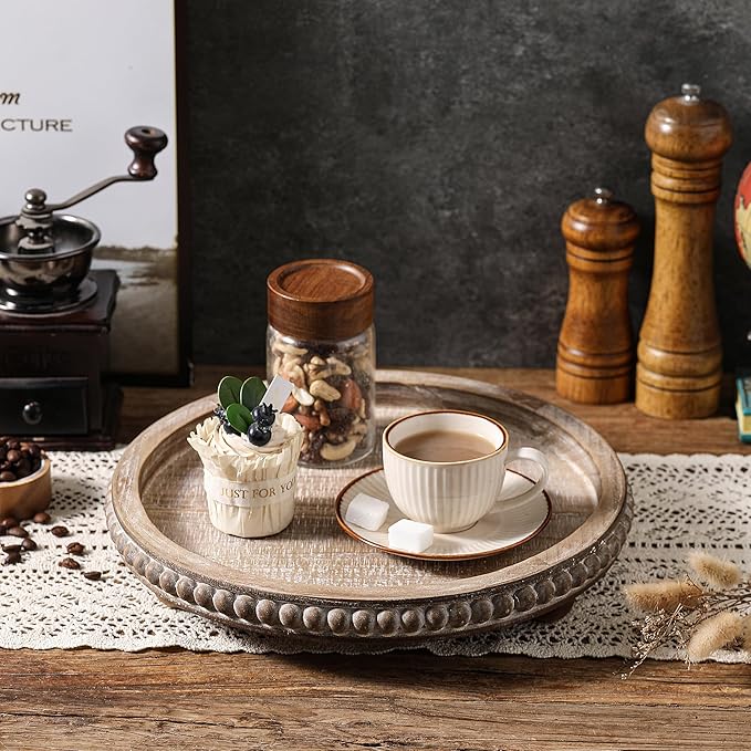Wooden Coffee Table Tray Decor, Round Decorative Tray Brown Beaded Distressed Rustic Farmhouse Centerpiece for Dining Room Entryway Kitchen Counter Candle Holder Organizer