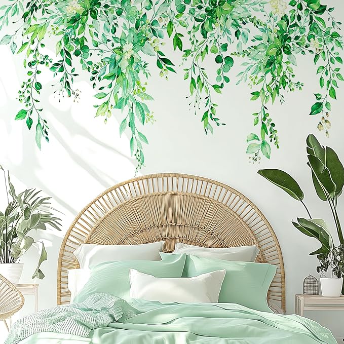 Emerald Green Plants Leaves Wall Decals Peel and Stick, Large Floral Flowers Vinyl Wall Stickers, Removable Vine Home Decor Art for Bedroom Living Room Classroom Office