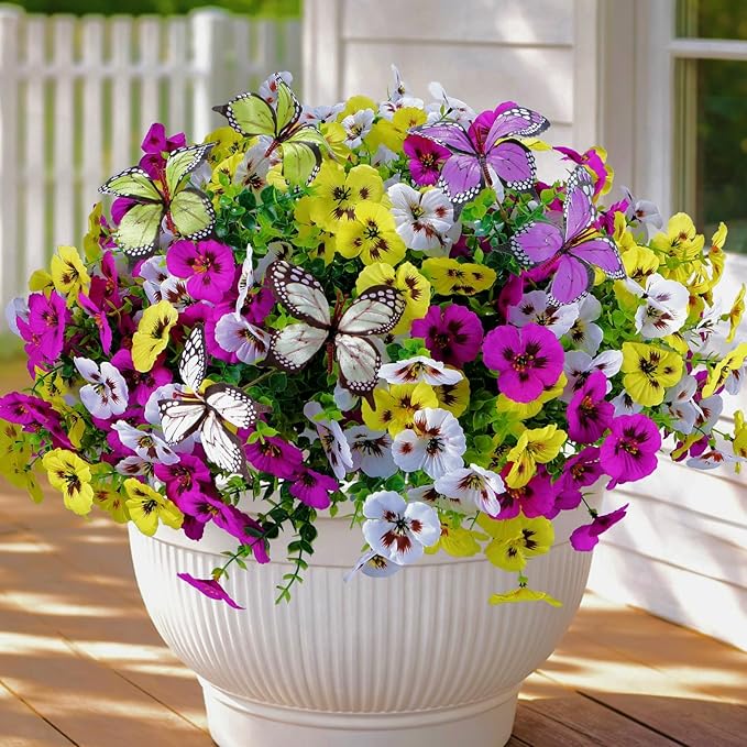 Artificial Flowers for Outdoor, 36 Bundles UV Resistant Faux Silk Pansy Flowers with Butterfly Accents, Realistic Fake Plants for Planters, Window Boxes & Grave Decor, 30 Bundles + 6 Butterflies