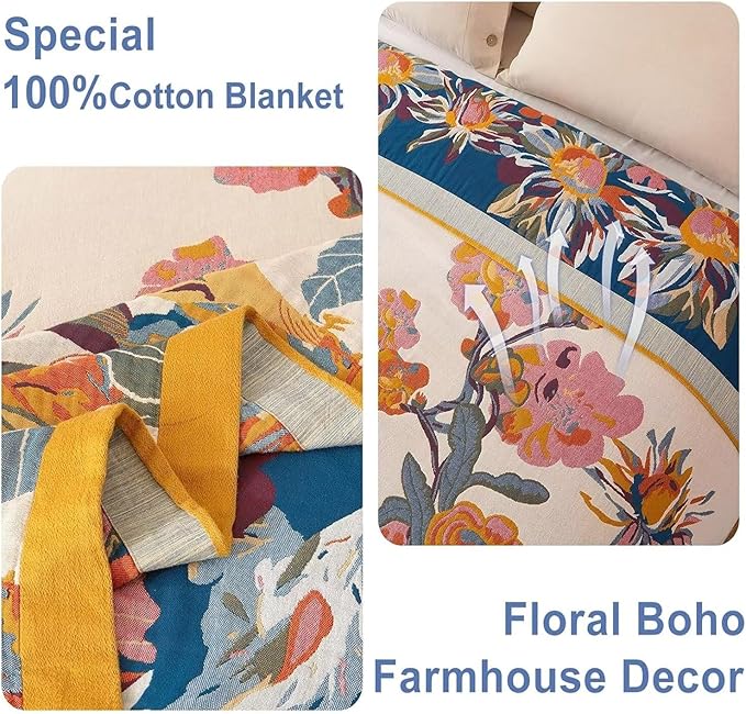 Boho Throw Blanket - 100% Cotton Soft Throw Blanket for Bed, 90"x90" Reversible Breathable Lightweight Spring Blankets, All Seasons Farmhouse Decor Floral Plant Butterfly Throw Quilt