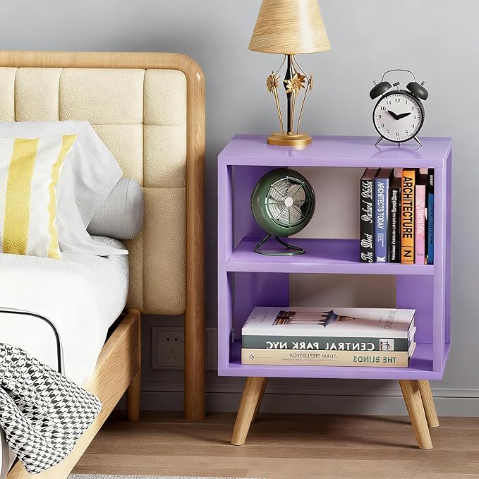 Night Stand, Purple Nightstand, Modern End Table with Open Storage, 2-Tier Wooden Bedside Table for Small Space, Living Room, Bedroom