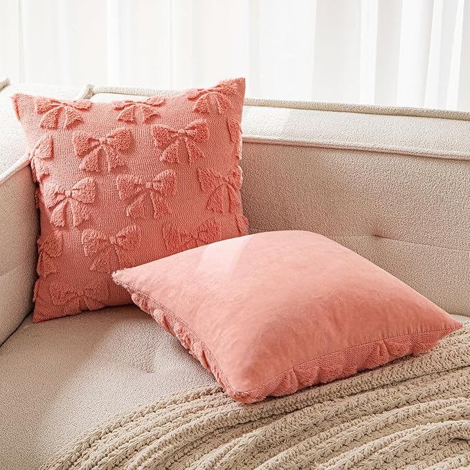 MIULEE Coral Red Bow Pillow Covers Coquette Room Decor Aesthetic Set of 2 Spring Decorative Cute Girl Soft Plush Faux Pillowcase for Preppy Room Decor Bedroom Couch,18x18 Inch
