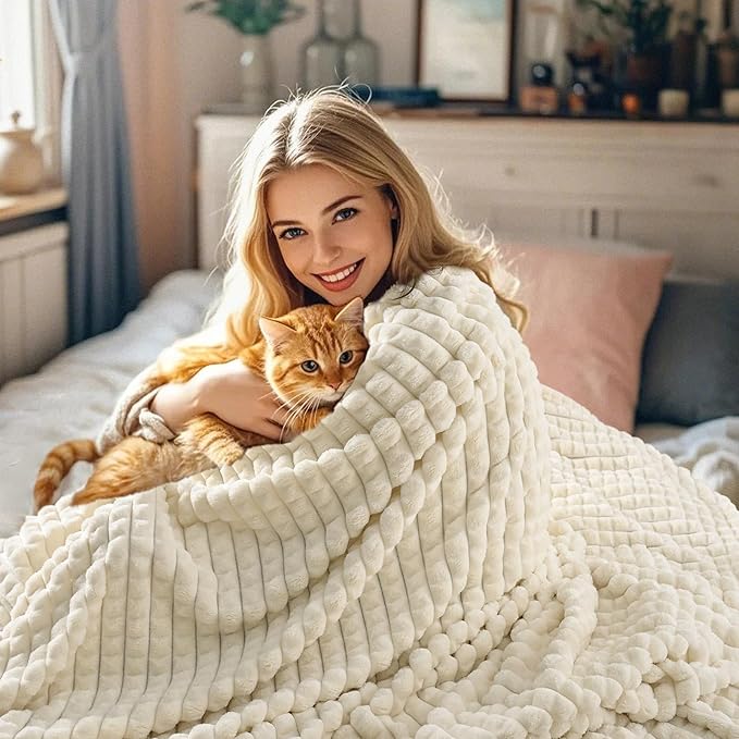 PHF Luxury Soft Fleece Blanket Twin Size, No Shed No Pilling, 380GSM Fluffy Cozy Throw Blankets for Bed, 66"x90", Lightweight Warm Bedding for Home Decor, Ideal Gift for Women, Cream