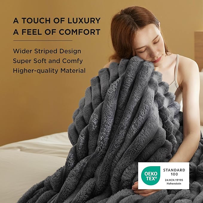 Bedsure Throw Blanket for Couch - 350GSM Super GentleSoft Fuzzy Fluffy Cozy Fleece Blankets for Women, Cute Small Plush Throws for Girls, Grey, 50x60 Inches, Wider Striped Design