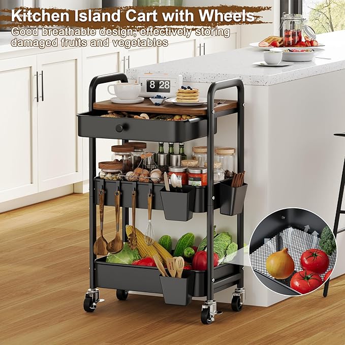 3 Tier Metal Rolling Cart with Wooden Table Top and Drawers, Black Utility Storage Cart on Wheels, Three Tiered Art Carts Organizer for Craft, Baby Diaper Caddy, Snack, Laundry, Dorm, Bedside,Bathroom