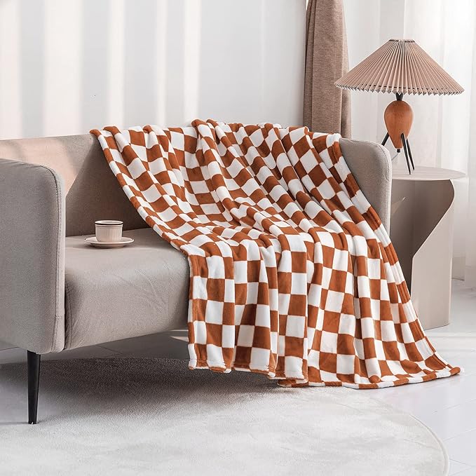 LOMAO Throw Blankets Flannel Blanket with Checkerboard Grid Pattern Soft Throw Blanket for Couch, Bed, Sofa Luxurious Warm and Cozy for All Seasons (Maple Brown, 60"x80")
