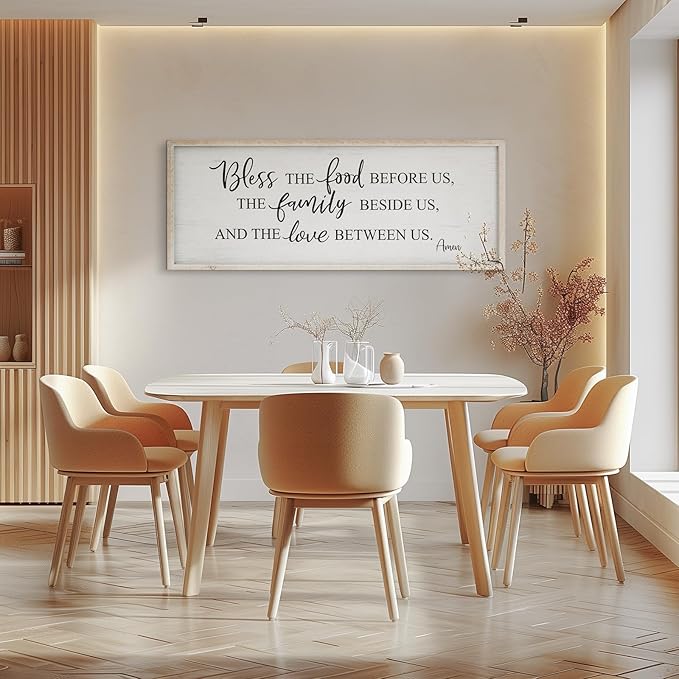 Bless The Food Before Us Home Decor Wall Sign For Family Kitchen Farmhouse Dining Room Vintage Rustic Retro Boho Wood House Wall Art Decoration For Living Room Bedroom 40 x 15 Inch white
