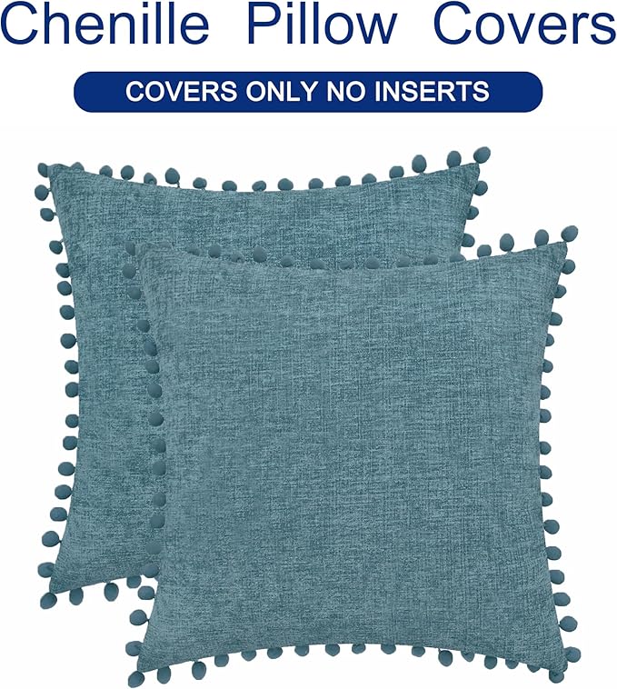 CaliTime Throw Pillow Covers Decorative 16 X 16 Inches Pack of 2 Cozy Solid Dyed Soft Chenille Cushion Cases with Pom Poms for Couch Sofa Bed Living Room Home Smoke Blue
