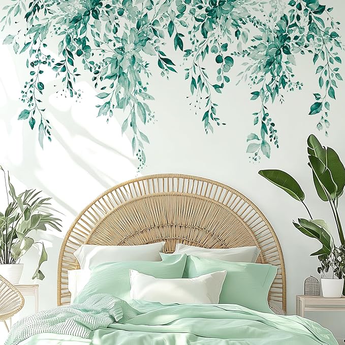 Teal Plants Leaves Wall Decals Peel and Stick, Large Floral Flowers Vinyl Wall Stickers, Removable Vine Home Decor Art for Bedroom Living Room Classroom Office