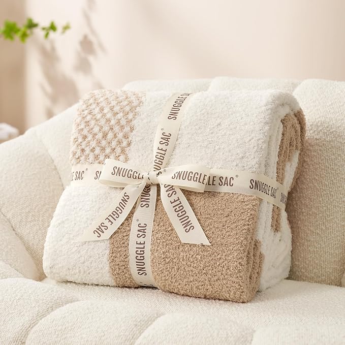 Snuggle Sac Checkered Blanket, Beige Throw Blanket for Couch Plaid Microfiber Fluffy Warm Cozy Soft Oversized Throw XL Reversible Checkerered Blankets for Sofa, Chair, Bed, 50x70 inches