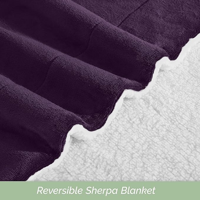 Elegant Comfort Ultra Soft Reversible Flannel Sherpa Blanket - Cozy Silky Fleece Throw for Couch, Bed - Plush Fuzzy Warm Winter Blanket for Gift, King, Purple