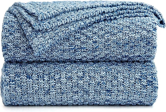 Longhui bedding Blue Knitted Throw Blanket for Couch, Soft, Cozy Machine Washable 100% Cotton Sofa Knit Blankets, Heavy 2.8lb Weight, 51 x 63 Inches, Blue and White Color, Laundry Bag Included