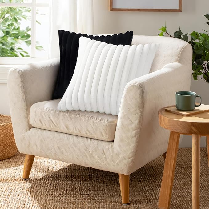 Pallene Faux Fur Plush Throw Pillow Covers 22x22 Set of 2, Luxury Soft Fluffy Striped Decorative Pillow Covers for Sofa, Couch, Living Room, White