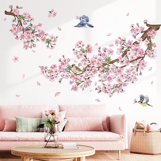 decalmile Cherry Blossom Branch Wall Decals Pink Floral Birds Wall Stickers Bedroom Living Room Sofa TV Background Wall Decor