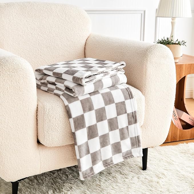 Light Grey Checkered Blanket, Ultra Soft Fluffy Fleece - Checkered Grid Print Throws for Couch Sofa Bed, Cozy Luxury Throw Blanket for All Seasons, 50x60 Inch, Cashmere Smoke
