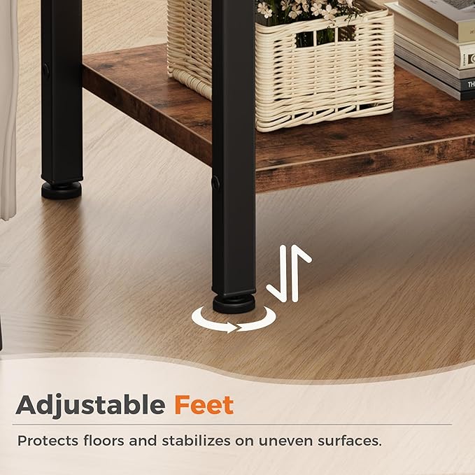 DUMOS Bedside Table with Charging Station and Adjustable Fabric Drawer Compact Nightstand 3-Tier Storage Organizer End Table for Bedroom,Brown