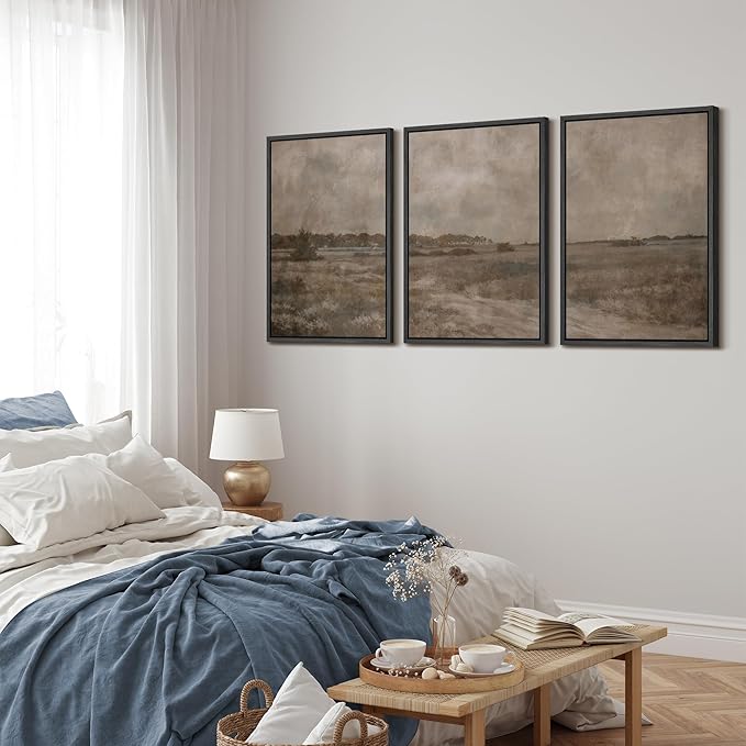 MUDECOR Framed Wall Art Print Set Vintage Neutral Countryside Landscape Rustic Field Path and Distant Trees Illustrations Modern Art Boho Decorative for Living Room, Bedroom, Office - 16"x24"x3 BLACK
