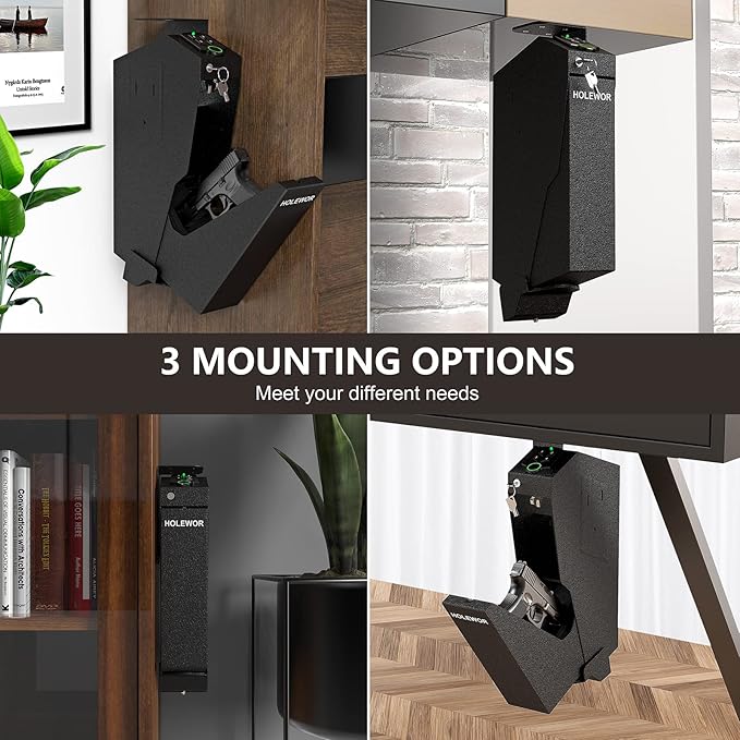 Gun Safe, Biometric Gun Safe for Handgun Drop Down Pistol Safe Mounted Single Handgun Safe with Fingerprint, Passcode, Key Access for Nightstand, Desk, Bedside