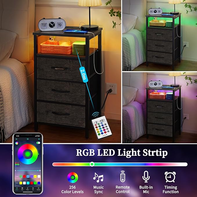 Yoobure Night Stand with Charging Station, 16 Colors LED Nightstand with USB Ports and Outlets, End Table with 3 Fabric Drawers and Storage Shelf, Bedside Tables Small Dresser for Small Space Gray