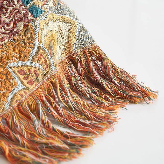 Boho Throw Blanket for Couch Sofa Bed, 100% Cotton Woven Quilt with Tassel 50”x60”, Super Soft Muslin Blanket with Floral Printed, Decorative Reversible Bed Blanket/Cover for All Seasons