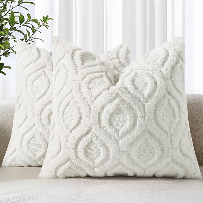 decorUhome Throw Pillow Covers 26x26 Inch Set of 2, Soft Plush Decorative Faux Fur Cream White Solid Couch Pillow Covers, Accent Farmhouse Neutral Square Euro Pillow Cases for Sofa Bed Living Room