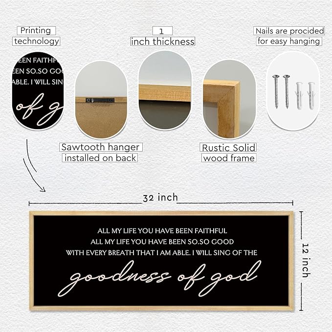 YWMZYKJGS Goodness of God Wall Decor 32"×12" Bible Verse Sign Christian Catholic Scripture Jesus Christ Prayer Large Home Office Wood Framed Wall Hanging Art (Wood)