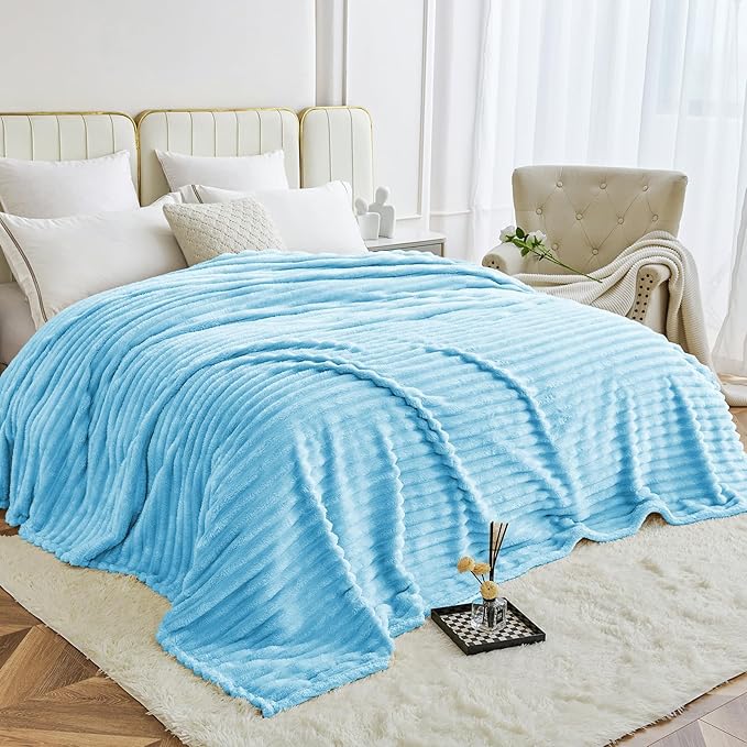 Comelady Fleece Blanket Queen Size for Bed,3D Ribbed Jacquard Warm Fluffy Throw Blanket for Couch Sofa Room Decor-Lightweight Cozy Fuzzy Blanket for All Seasons(Light Blue,90"×90")