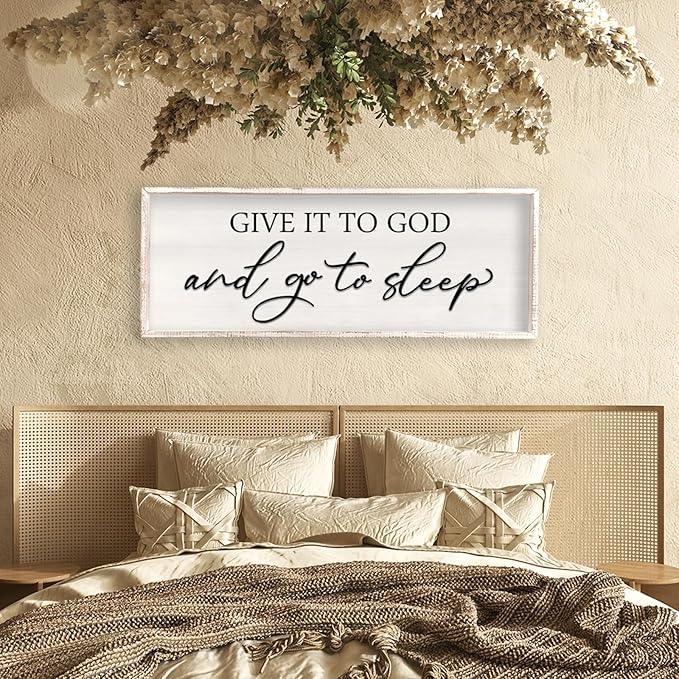 Give it to God and Go to Sleep Sign Wall Decor Wood Frame 40" X 15" Master Bedroom Above Bed Large Rustic Farmhouse Hanging Over Bed Wall Art Guest Room Decoration (White)