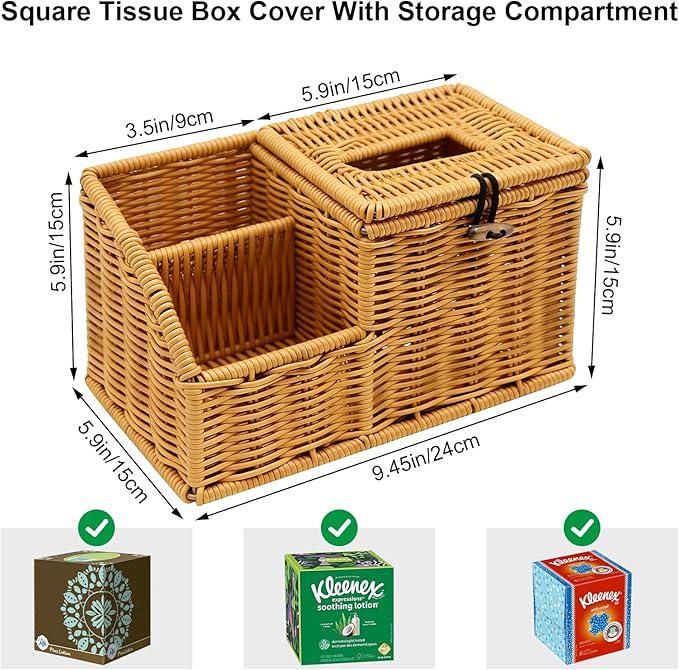 Square Tissue Box Cover with Storage, Multifunction Cube Tissue Box Holder, Farmhouse Wicker Remote Control Nightstand Organizer Caddy for Bathroom, Home, Office Decor, Kitchen Countertop