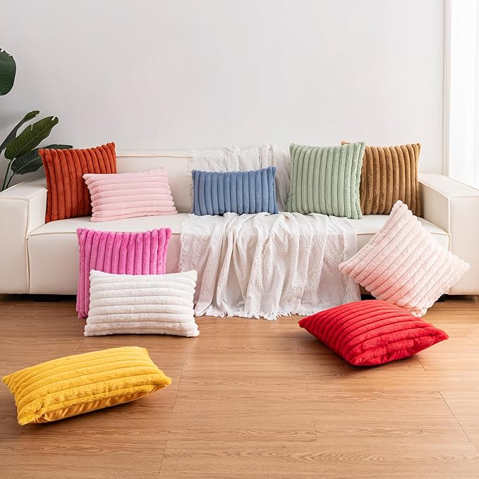 Aegero Pack of 2 Faux Fur Fall Throw Pillow Covers 12x20 Inch, Soft Plush Striped Neutral Couch Pillow Cover, with Velvet Back Modern Home Decor for Sofa Living Room Couch Bed Dark Coffee