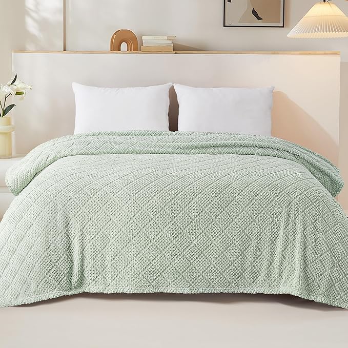 Whale Flotilla Fuzzy Fleece King Size Blanket for Bed, Soft Fluffy Jacquard Waffle Blankets for All Season, Lightweight and Warm, 90x104 Inch, Sage Green