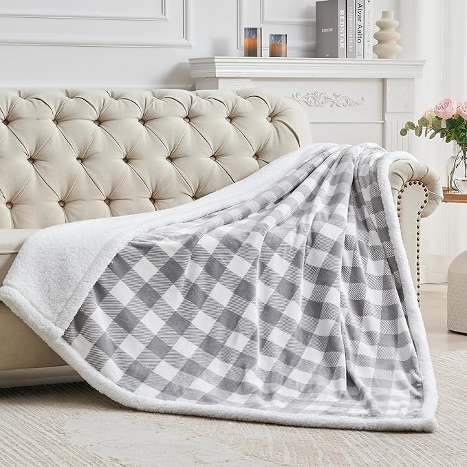 BEDELITE Sherpa Fleece Blanket - Grey and White Buffalo Plaid Christmas Blanket, Super Soft Cozy Warm Thick Winter Throw Blankets for Couch and Bed, 50" x 60"